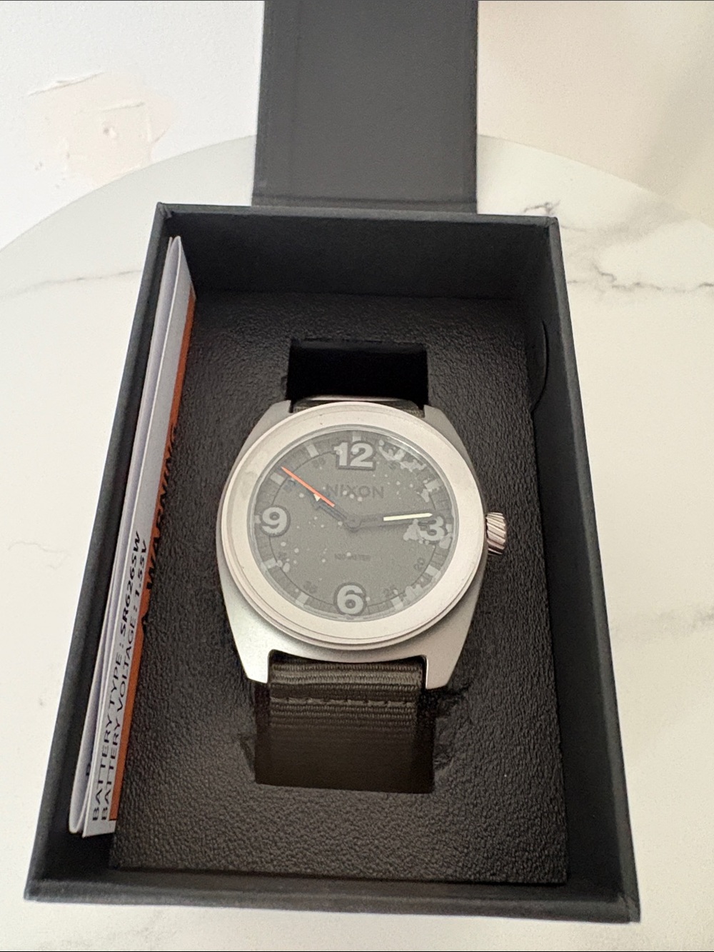 Nixon Silver Case Watch with Gray Dial and Olive Strap